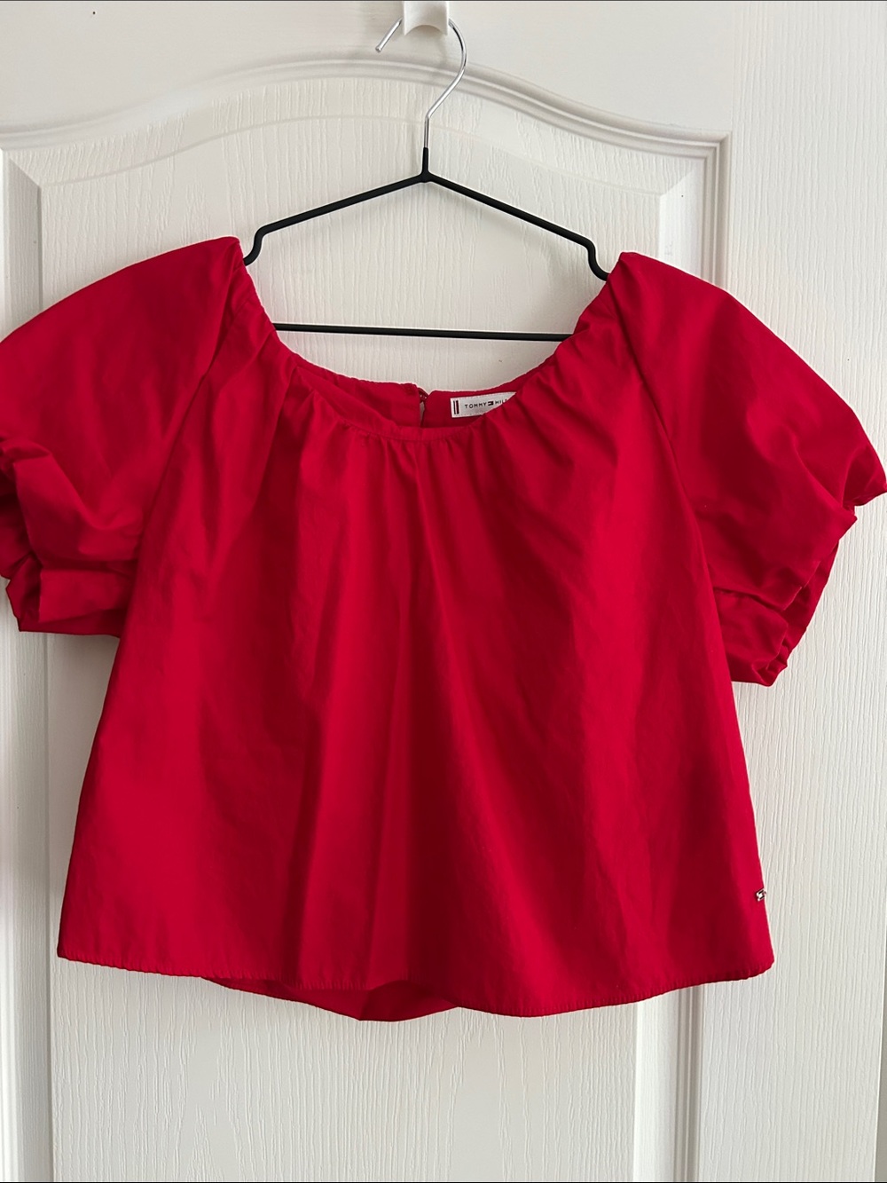 Tommy Hilfiger 36 100% Cotton Red Blouse Puff Sleeve